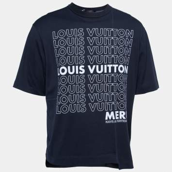 Pre Owned Louis Vuitton Navy Blue Merci Print Cotton Crewneck T-Shirt S