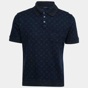 Pre Owned Louis Vuitton Navy Blue Monogram Printed Knit Polo T-Shirt XXL