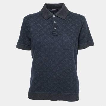 Pre Owned Louis Vuitton Navy Blue Monogram Patterned Knit Polo T-Shirt XL