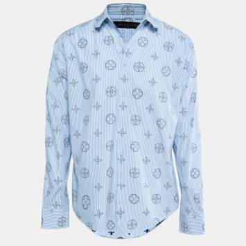 Pre Owned Louis Vuitton Blue Striped Monogram Jacquard Button Front Shirt XL