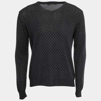 Pre Owned Louis Vuitton Grey Damier Patterned Knit Jumper S