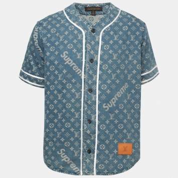 Pre Owned Louis Vuitton x Supreme Light Wash Monogram Denim Baseball Shirt S