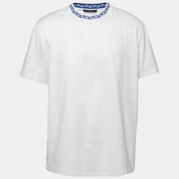 Pre Owned Louis Vuitton White Cotton Chain Jacquard Rib Collar T-Shirt XL