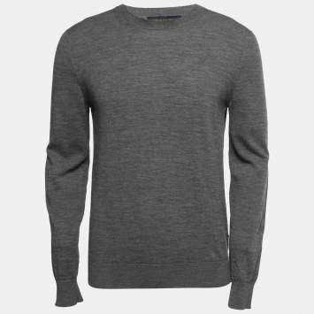 Pre Owned Louis Vuitton Grey Wool Knit Leather Trimmed Crew Neck Jumper S