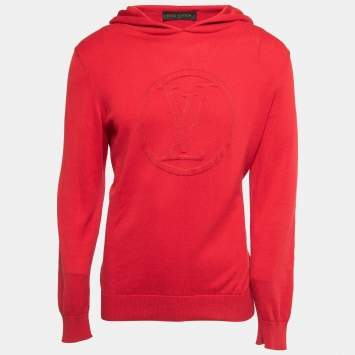Pre Owned Louis Vuitton Red Logo Patterned Cotton & Silk Knit Hooded Sweater M