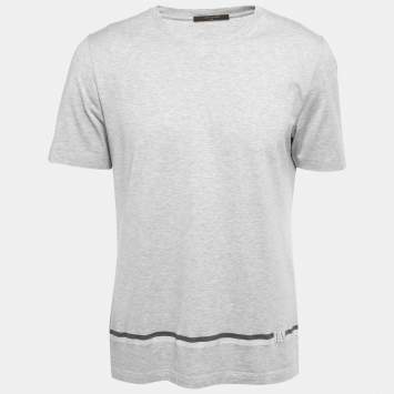 Pre Owned Louis Vuitton Grey Cotton Stripe Detail Crew Neck T-Shirt L