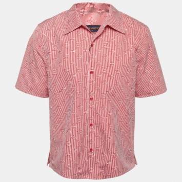 Pre Owned Louis Vuitton Red Logo Print Cotton Button Front Half Sleeve Shirt M
