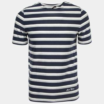 Pre Owned Louis Vuitton Navy Blue Striped Lurex & Cotton Knit T-Shirt S