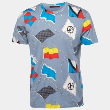 Pre Owned Louis Vuitton Blue Graphic Printed Cotton Crewneck T-Shirt M