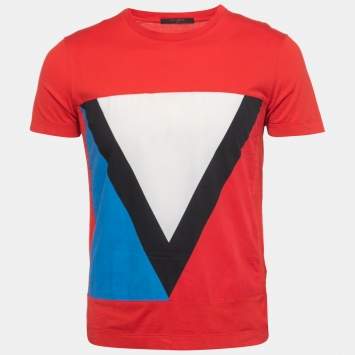 Pre Owned Louis Vuitton Red Logo Print Cotton Crew Neck Half Sleeve T-Shirt S