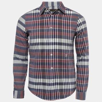 Pre Owned Louis Vuitton Navy Blue Plaid Cotton Button Front Full Sleeve Shirt XS