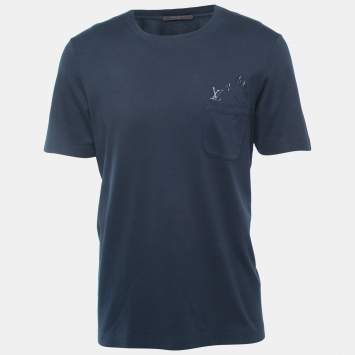 Pre Owned Louis Vuitton Navy Blue Logo Print Cotton Crew Neck Half Sleeve T-Shirt XL