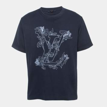 Pre Owned Louis Vuitton Navy Blue Logo Embroidered Cotton Crew Neck Half Sleeve T-Shirt L