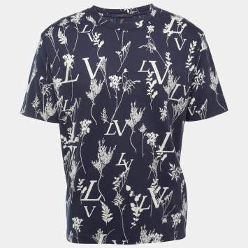 Pre Owned Louis Vuitton Navy Blue Logo Leaf Print Cotton Crew Neck Half Sleeve T-Shirt XL