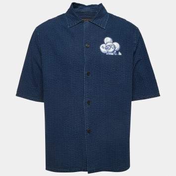 Pre Owned Louis Vuitton Blue Patterned Cotton Logo Patch Button Front Half Sleeve Shirt 4L