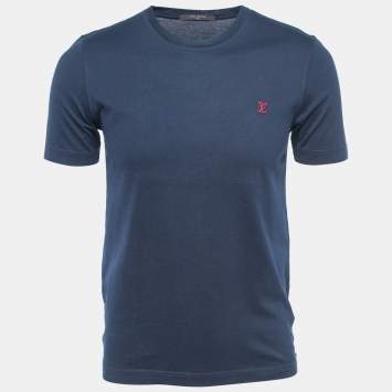 Pre Owned Louis Vuitton Navy Blue Logo Embroidered Cotton Crew Neck Half Sleeve T-Shirt S