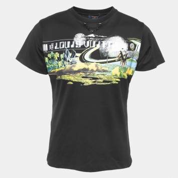 Pre Owned  Louis Vuitton Black Graphic Print Cotton Chain Crew Neck T-Shirt M