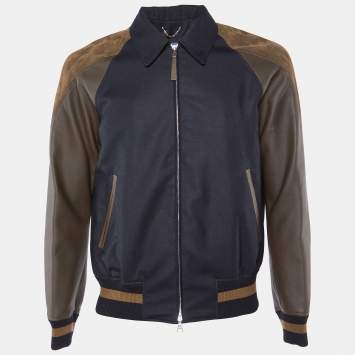 Pre Owned Louis Vuitton Navy Blue Wool  & Contrast Leather Sleeve Detail Bomber Jacket S