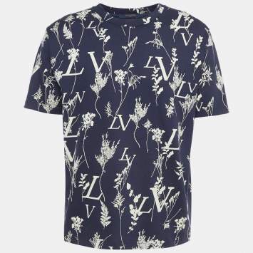 Pre Owned Louis Vuitton Navy Blue Leaf Discharge Print Cotton T-Shirt XL