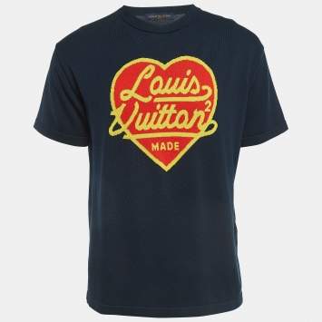 Pre Owned Louis Vuitton Navy Blue Heart Intarsia Cotton Crew Neck T-Shirt M