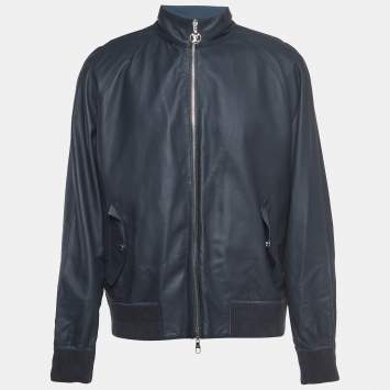 Pre Owned Louis Vuitton Navy Blue Leather and Synthetic Reversible Zipper Jacket XXL