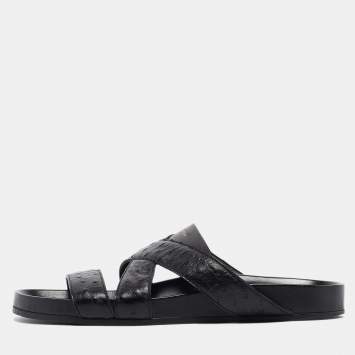 Pre Owned Louis Vuitton Black Ostrich Leather Flat Slides Size 42.5