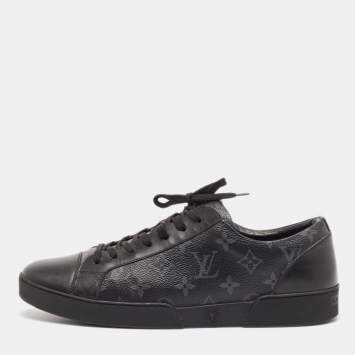 مملوكة مسبقًا Louis Vuitton Black/Grey Leather and Monogram Coated Canvas Match Up Sneakers Size 44