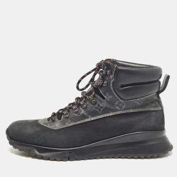 Pre Owned Louis Vuitton Black Monogram Canvas and Leather High Top Sneakers Size 45