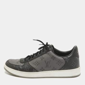 Pre Owned Louis Vuitton Black/Grey Monogram Canvas and Leather Rivoli Sneakers Size 42
