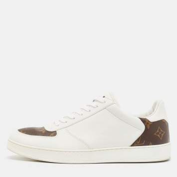 Pre Owned Louis Vuitton White/Brown Monogram Canvas and Leather Rivoli Lace Up Sneakers Size 40.5