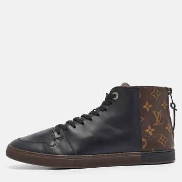 Pre Owned Louis Vuitton Black/Brown Leather and Monogram Canvas Line Up High-Top Sneakers Size 40.5