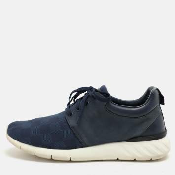 Pre Owned Louis Vuitton Blue Damier Ebene Neoprene Fastlane Low Top Sneakers Size 42.5