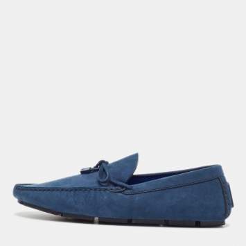 Pre Owned Louis Vuitton Navy Blue Nubuck Leather Bow Loafers Size 43