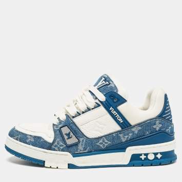 Pre Owned Louis Vuitton White/Blue Monogram Leather and Denim LV Trainer Sneakers Size 41