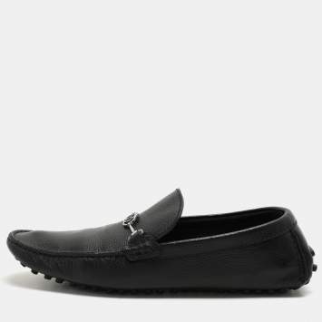 Pre Owned Louis Vuitton Black Leather Logo Embellished Loafers Size 42