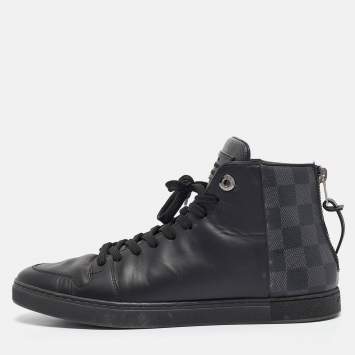 Pre Owned Louis Vuitton Black Leather and Damier Graphite Canvas High Top Sneakers Size 39