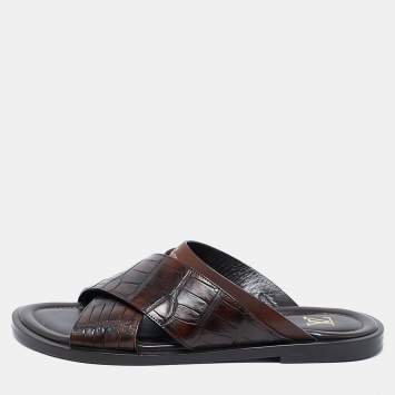 Pre Owned Louis Vuitton Brown Crocodile Leather Foch Sandals Size 43.5