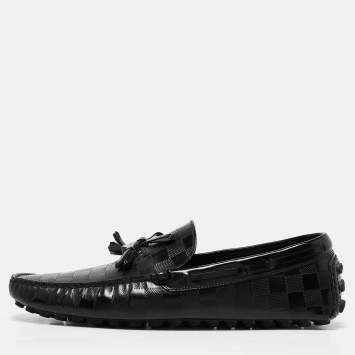 Pre Owned Louis Vuitton Black Damier Embossed Leather Tassel Bow Loafers Size 43.5