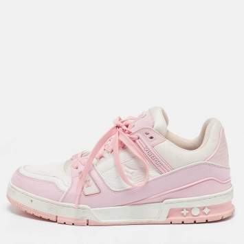 Pre Owned Louis Vuitton White/Pink Monogram Leather LV Trainer Sneakers Size 42 
