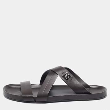 Pre Owned Louis Vuitton Dark Brown Leather Pioneer Cross Strap Flat Slides Size 45