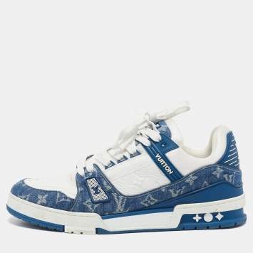 Pre Owned Louis Vuitton Blue/White Leather and Denim LV Trainer Sneakers Size 43.5