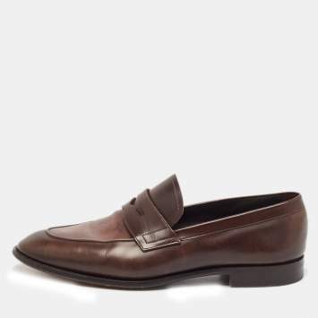 Pre Owned Louis Vuitton Brown Monogram Leather Slip On Loafers Size 42