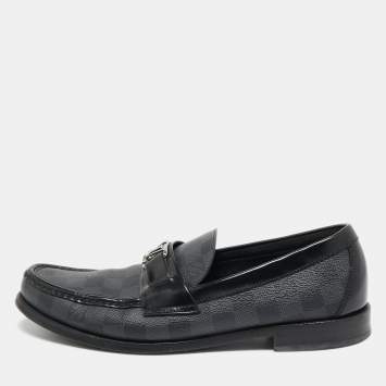 Pre Owned Louis Vuitton Black Leather Damier Embossed Santiago Loafers Size 43