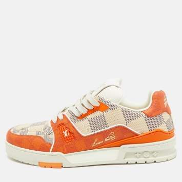 Pre Owned Louis Vuitton Orange/White Damier Leather LV Trainer Sneakers Size 44