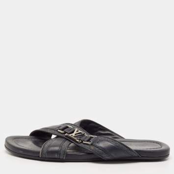 Louis Vuitton Navy Blue Denim and Leather Hamptons Flat Sandals Size 42.5