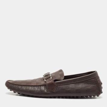 Louis Vuitton Dark Brown Damier Embossed Leather Hockenheim Slip On Loafers Size 42.5