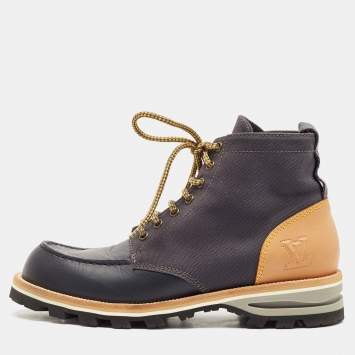 Louis Vuitton Navy Blue/Brown Leather and Canvas Ankle Boots Size 41.5