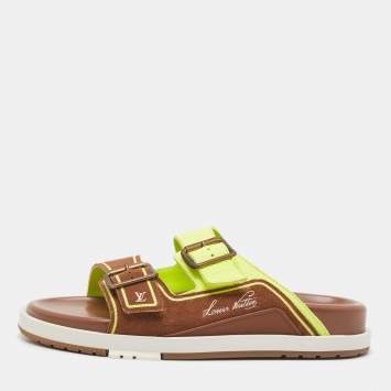 Pre Owned Louis Vuitton Brown/Neon Green Suede and Leather LV Trainer Mules Size 42