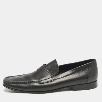 Louis Vuitton Black Leather Damier Embossed Santiago Slip On Loafers Size 44.5