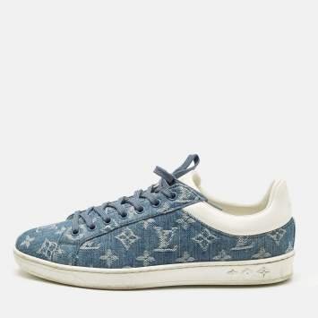 Pre Owned Louis Vuitton Blue Monogram Denim and Leather Luxembourg Low Top Sneakers Size 40.5